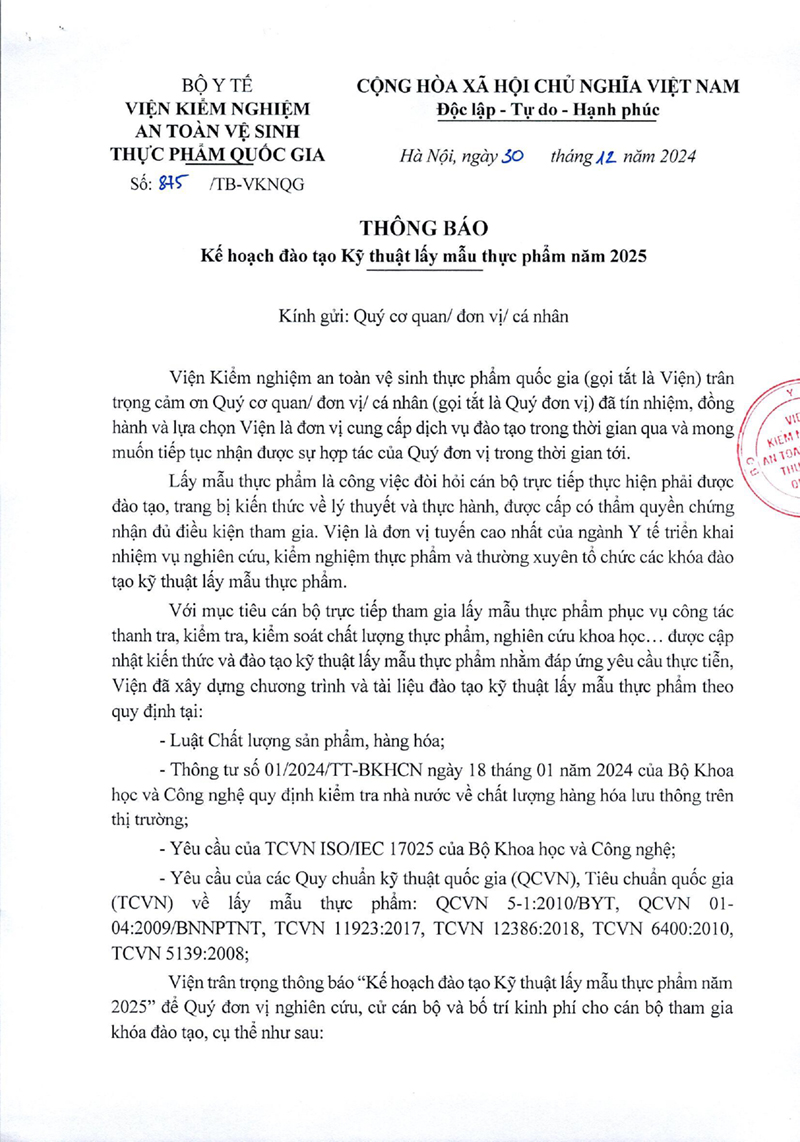 TB 875-Kế hoạch đào tạo Kỹ thuật lấy mẫu thực phẩm năm 2025_0001-1